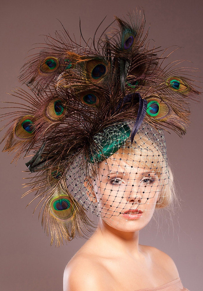 Peacock Headpiece Royal Ascot Hats Vintage Inspired Weddings Fascinator Races Derby Emerald Green Navy Feathers French Netting Couture