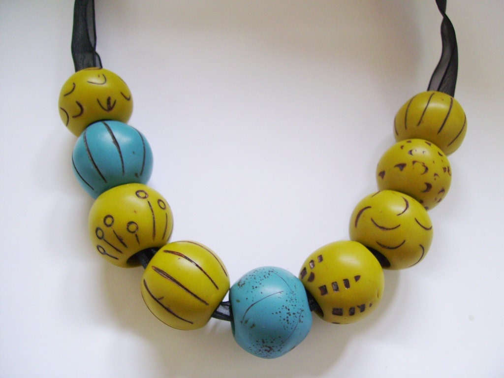 SPRING ON A RIBBON Chic Necklace in Teal and Grassy Green Polymer Clay for Her Valentine