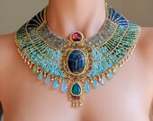 Egyptian Goddess -  CUSTOM Made to ORDER - Gold Plate and Gemstone Statement Collar Necklace, Bead Embroidered, Egyptian Scarab Bib Necklace