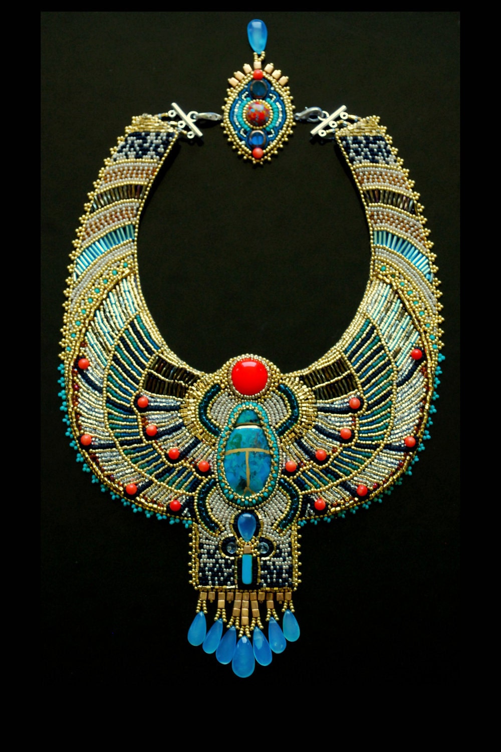 Egyptian Scarab Necklace -  Bead Embroidered Necklace, Statement Necklace, Collar Necklace