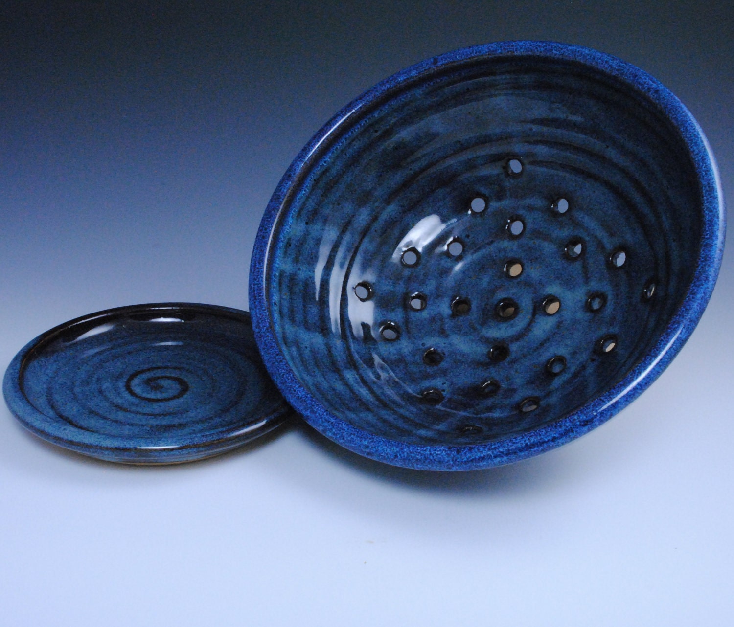 Berry Bowl - Colander - Fruit Bowl with Saucer- Handmade Stoneware in our Denim Blue Glaze
