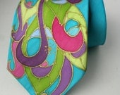 Silk  Necktie- Turquoise Peacock Hand Painted. Carnival Colors.
