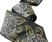 Black Tie. Hand Painted Silk Necktie. Black, White, Gold. MADE TO ORDER