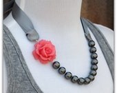 Pink and Grey Ribbons and Pearls Handknotted Necklace