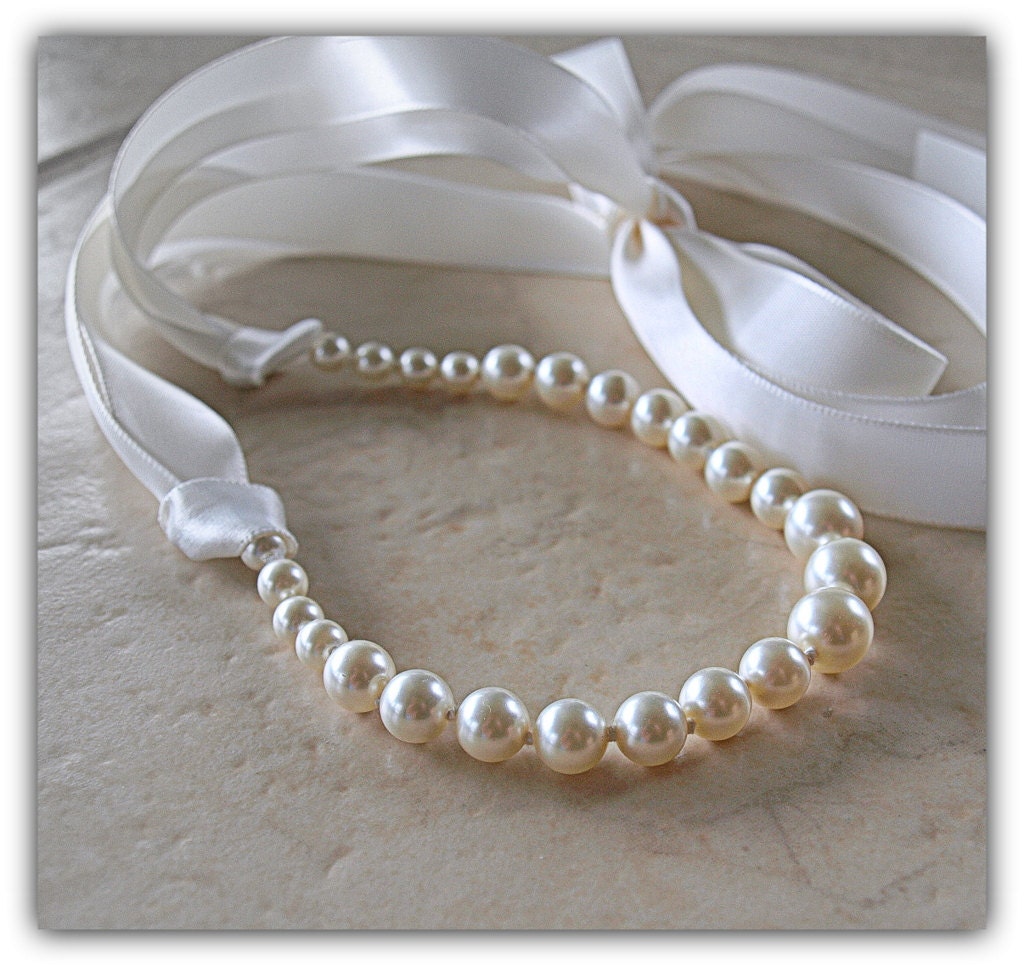 Hand Knotted Graduated Swarovski Crystal Pearl Necklace with Satin Ribbon