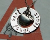 Live Laugh Learn sterling silver hand stamped necklace with apple charm for the perfect teacher