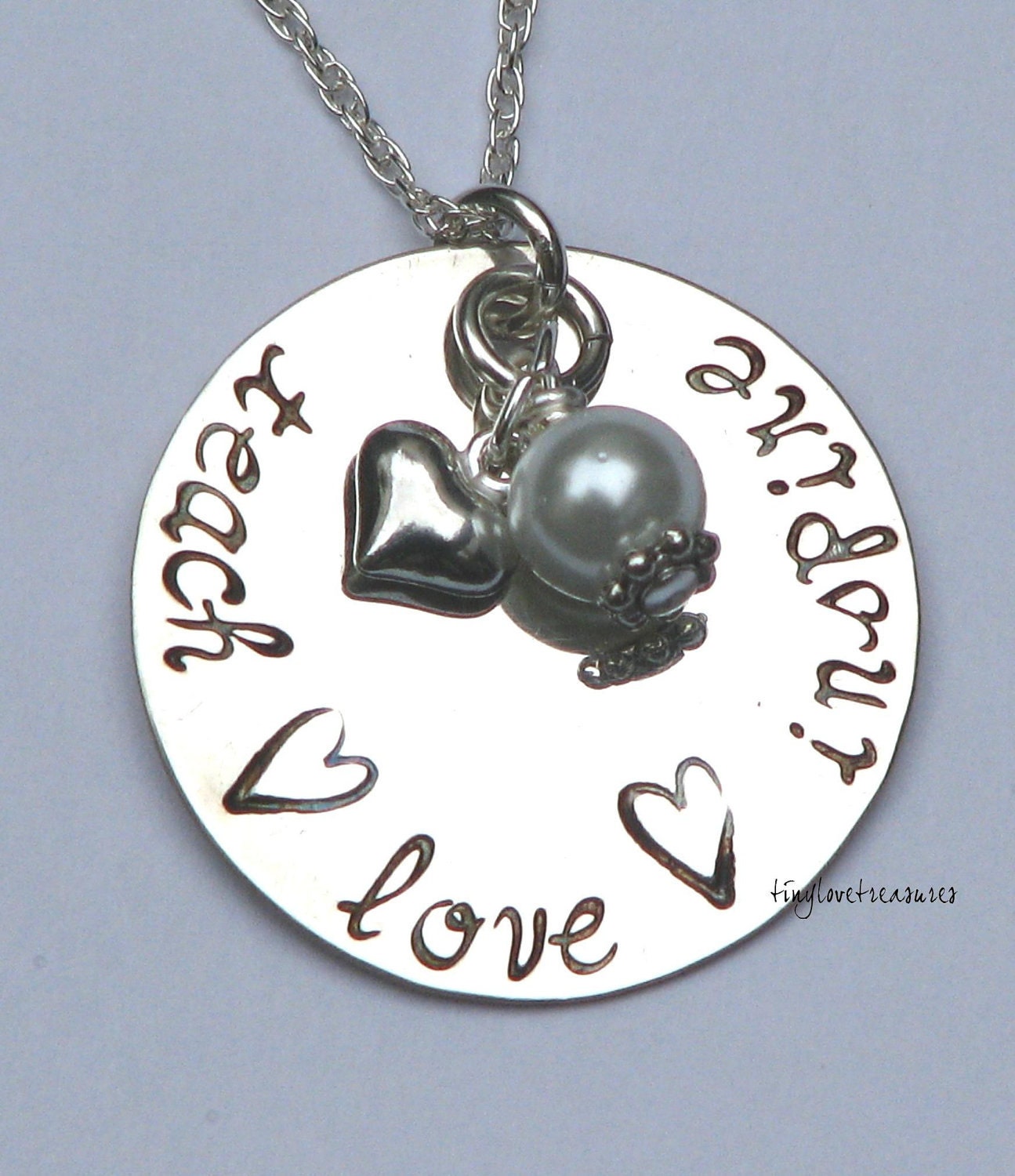 TEACH LOVE INSPIRE Sterling Silver hand stamped necklace for the best teacher in your life