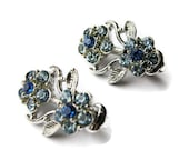 Rhinestone Earrings Vintage Coro Blue Flowers Wedding Bridal Jewelry Ear Clips