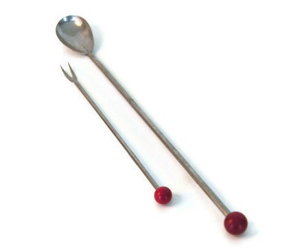 Bakelite Barware Red Ball Handles Mid Century Vintage Retro Bar Tools Cocktail Spoon Olive Fork