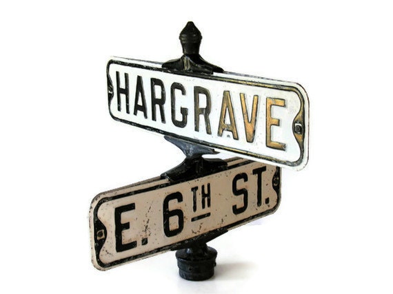 Antique Street Sign: The Corner of Hargrave and 6th Street, in Black and White