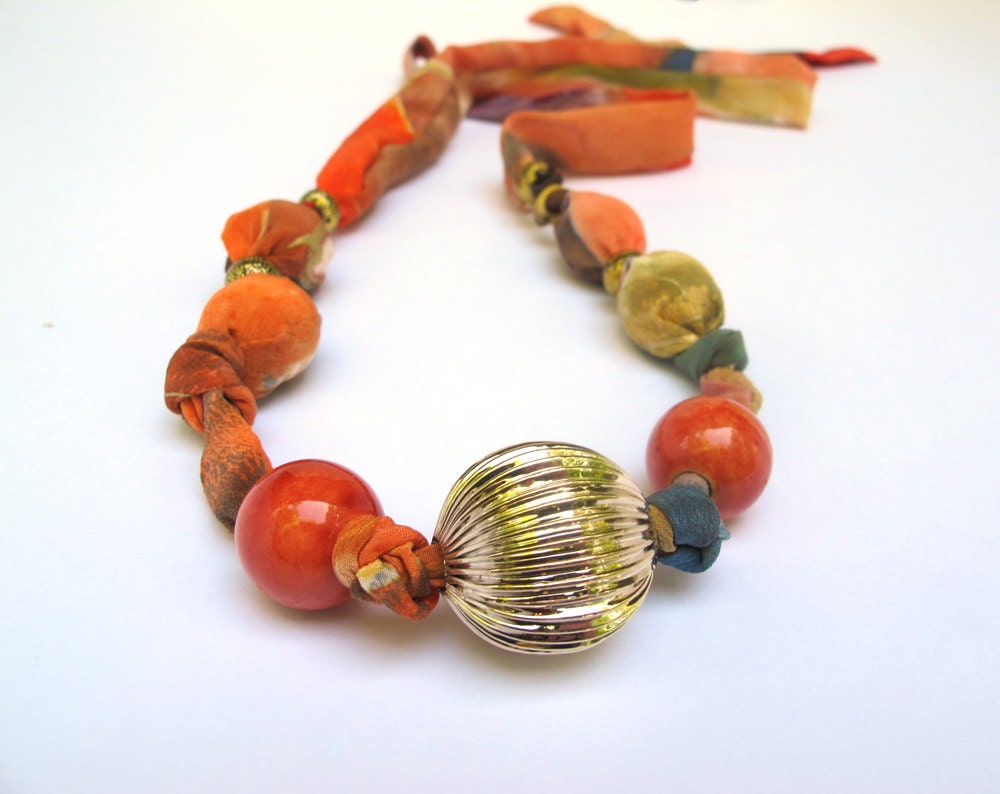 Hand-Painted Upcycled Silk Fabric Necklace with Beads One of a kind