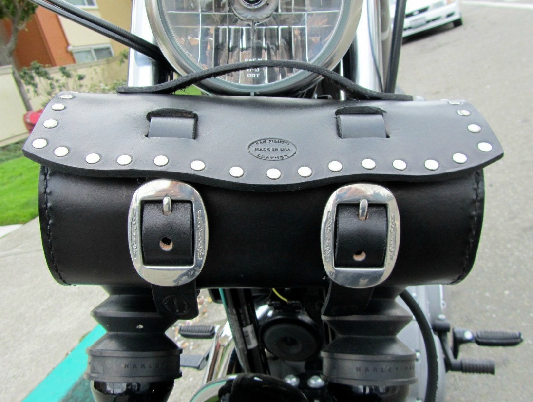 Black Leather Motorcycle Tool Bag With Silver Rivets