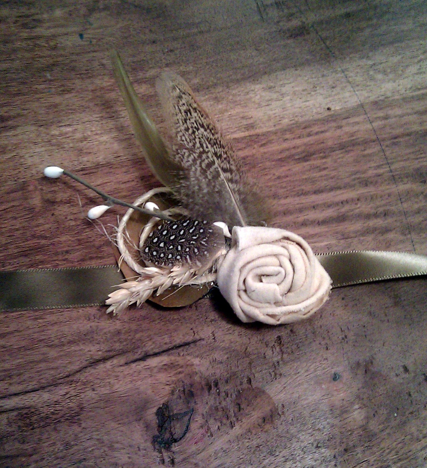 Rustic Wrist Corsage - fabric flower, wheat, twine, feather wedding corsage