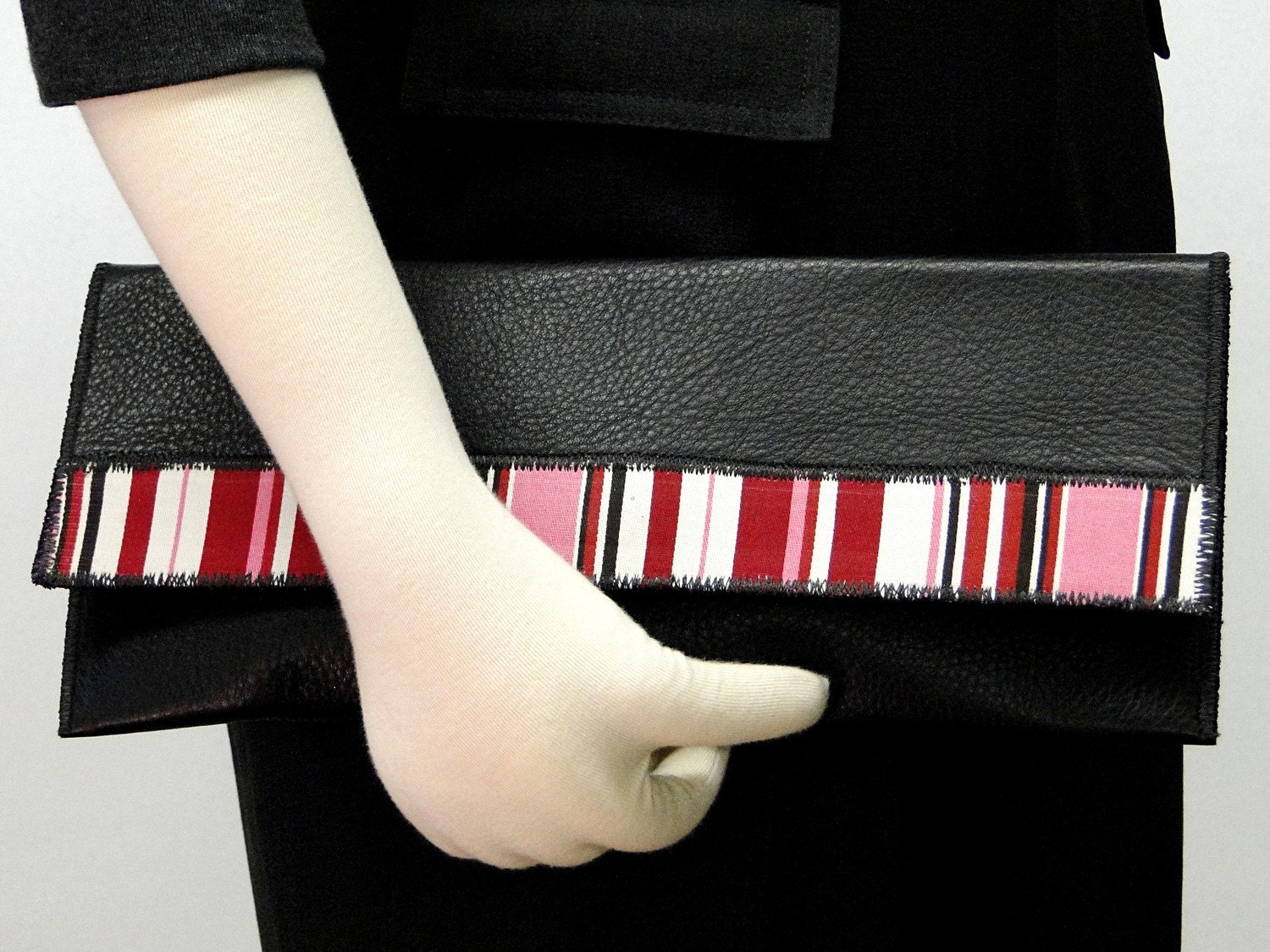 Eco-Chic Handmade Clutch In Genuine Black Leather & Striped Cotton Fabric In Red, White, Pink, Black