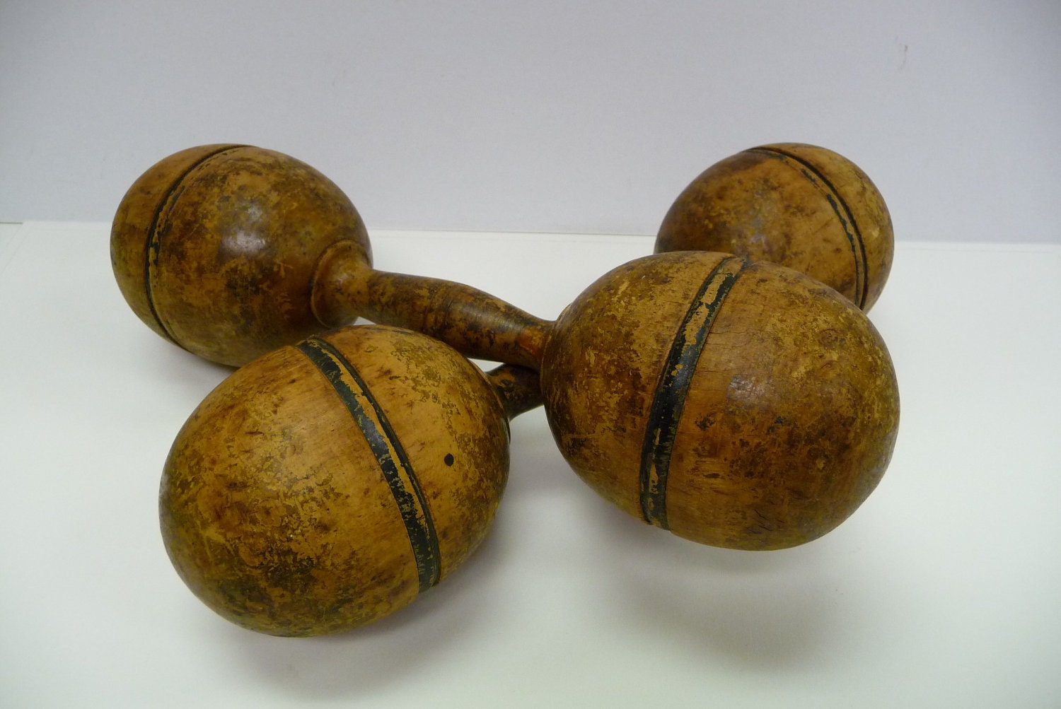 Antique hand weights Exercise dumbbells Folk Art Primitive wood