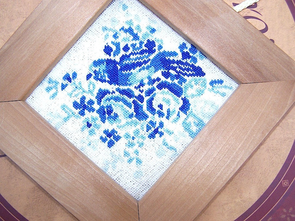 Vintage Handmade Delft Blue Bird of Happiness Needlepoint