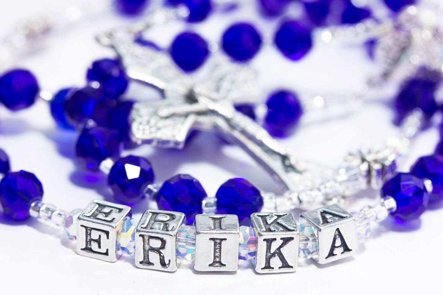First Communion Rosary in Sapphire September Birthstone with name