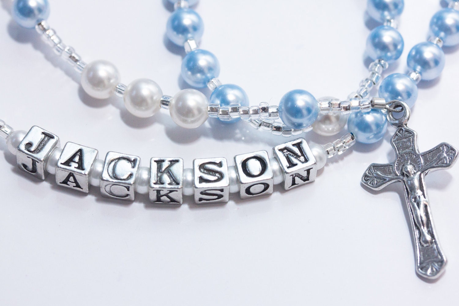 Personalized Rosary for Baptism or Baby's First in Blue and White pearls