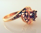 Red Stone Ring Cocktail Gold Tone Filigree Costume Jewelry
