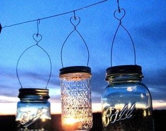 12 DIY Heart Hanging Jar Vase or Candle Mason Jar Heart Hangers, Garden Wedding Lanterns DIY Lids Only