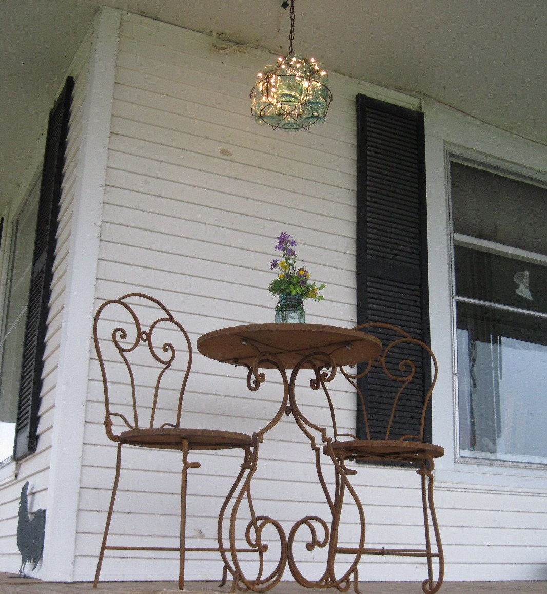 Vintage Chandeliar, Antique Mason Jars  Chandeliar, 6 Blue 1-QUART Jars and Wire Basket , Upcycled Lighting, Weddings,Garden Party