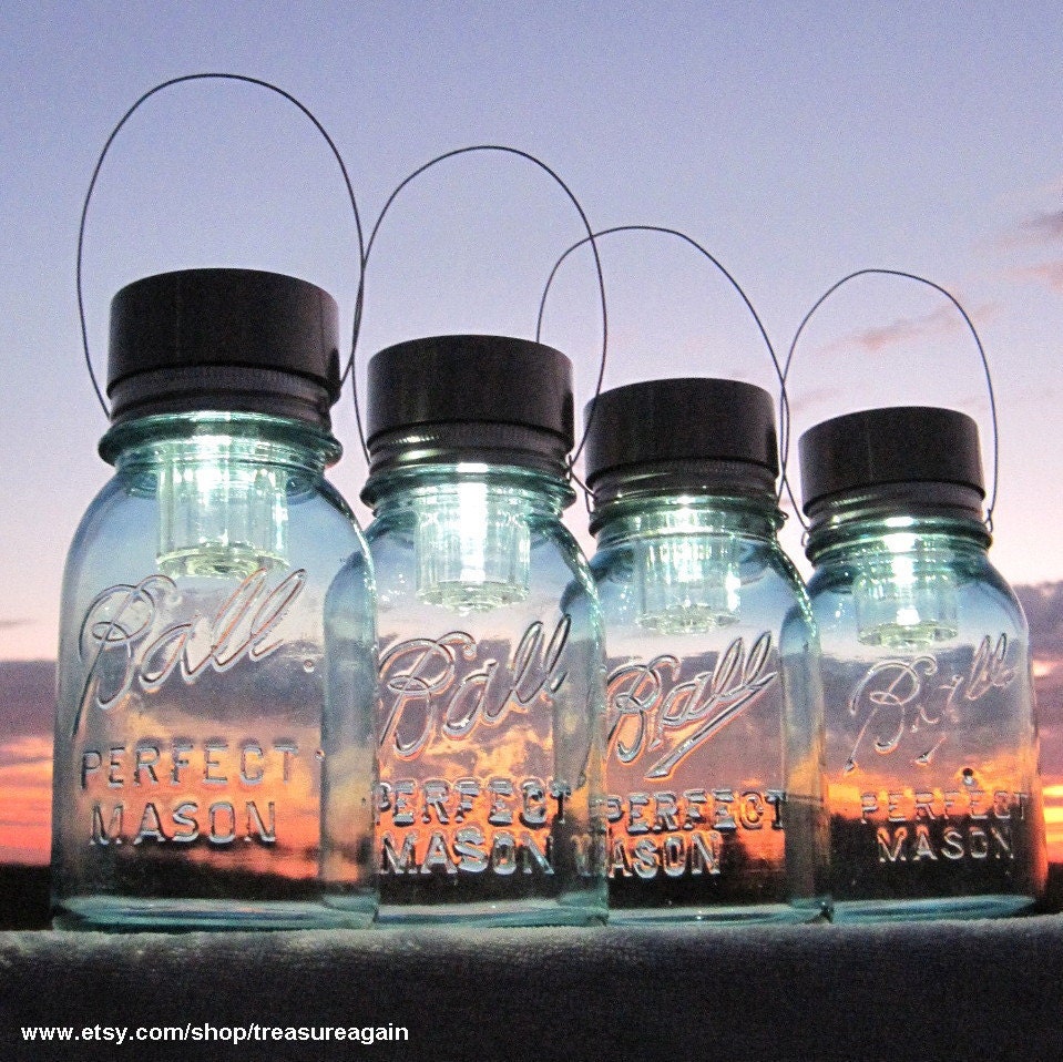Hanging Mason Jar Lights 4 Ball Mason Jar Solar Lights, Outdoor Garden Quart Aqua Blue Glass Antique Hanging Lanterns, Gifts