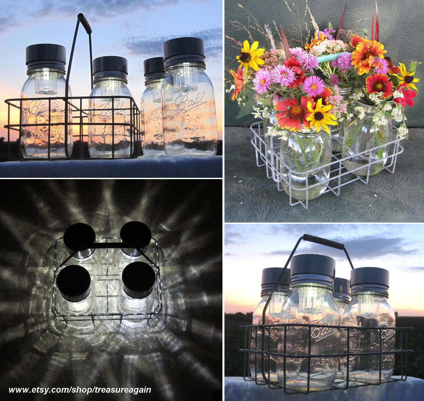 Ball Solar Jar Lights Basket 4 Canning Jars, Antique Milk Bottle Carrier, Dairy Basket with Canning Fruit Jars, Mason Jar Solar Lighting