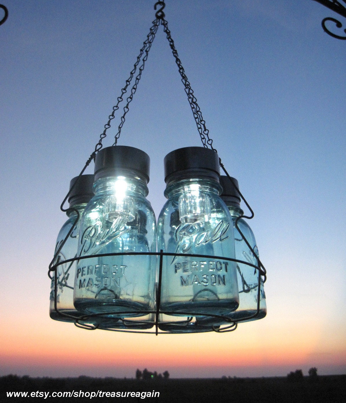 Solar Mason Jar Chandelier, Mason Jar Hanging Chandelier, Candles Garden Country Barn Rustic Wedding Original Mason Jar Solar Light Design