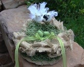 Rustic Burlap Nest Love Birds Ring Pillow Alternative and  Cake Topper.