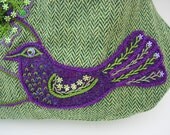 Folky Tweed Hand Embroidered Bird and Flower Bag Purple and Green OOAK