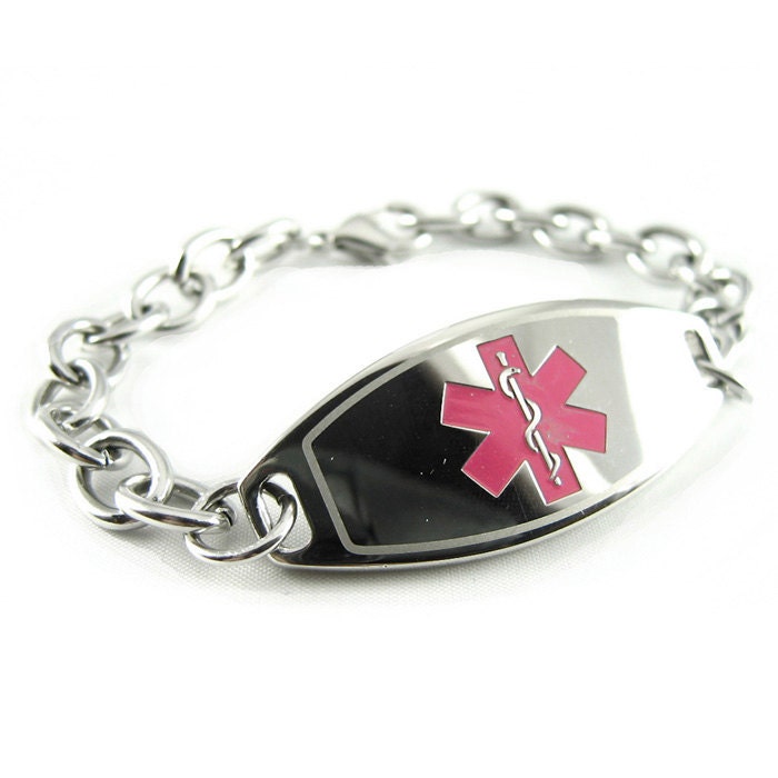 Ladies Pink, Medical ID Bracelet, O-LINK Chain, Custom Engraved FREE - i1C-BS2