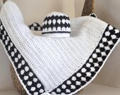 Baby Blanket & Hat Set - Granny Border - Baby Afghan - Navy Blue White - Samuel