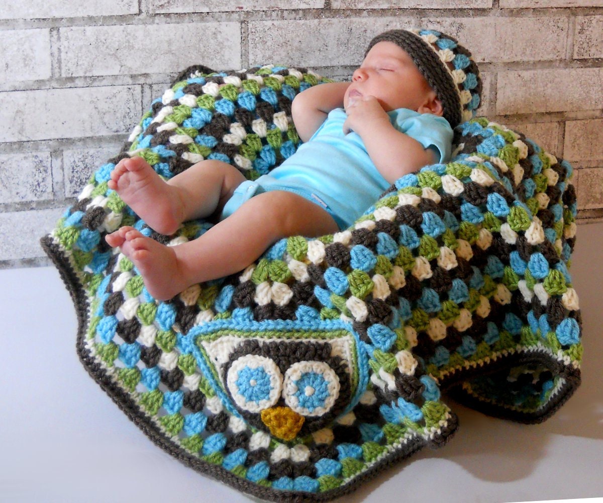 Owl Baby Blanket Granny Baby Blanket & Matching Hat - Alton