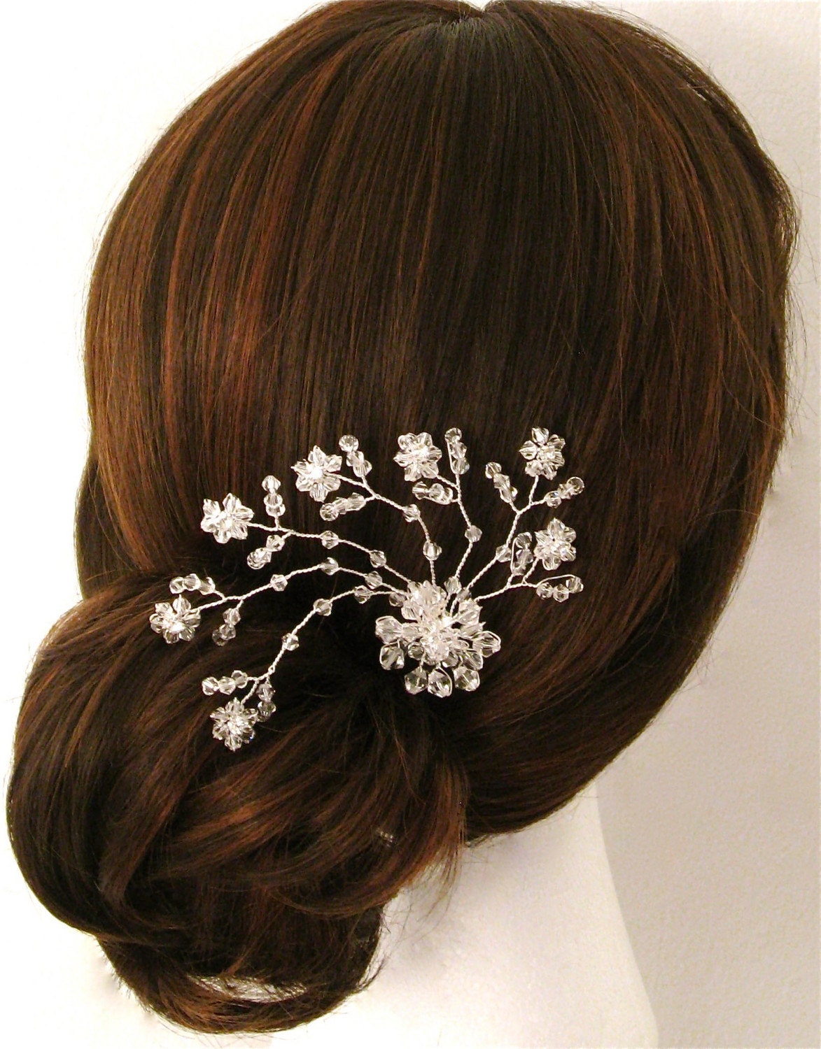 Crystal bursts outwardly in half circular using soft Sterling Silver wire, Clear Crystals, Austrian crystals in settings intertwined in flowing vines hair comb