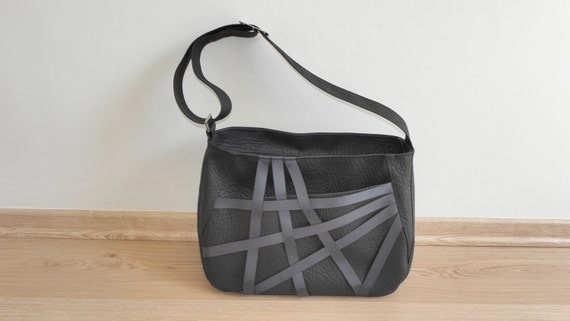 Vegan BLACK MESSENGER BAG, Faux leather Large urban shoulder bag, Lap top 13" bag, every day bag with adjustable strap and zipper - Micky