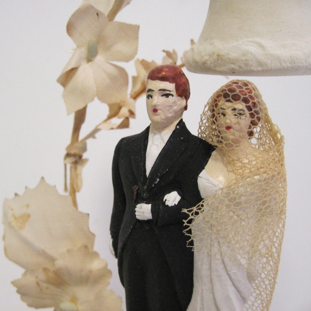 1940s vintage Chalkware Wedding Cake Topper with Bride and Groom and Bells and Flowers