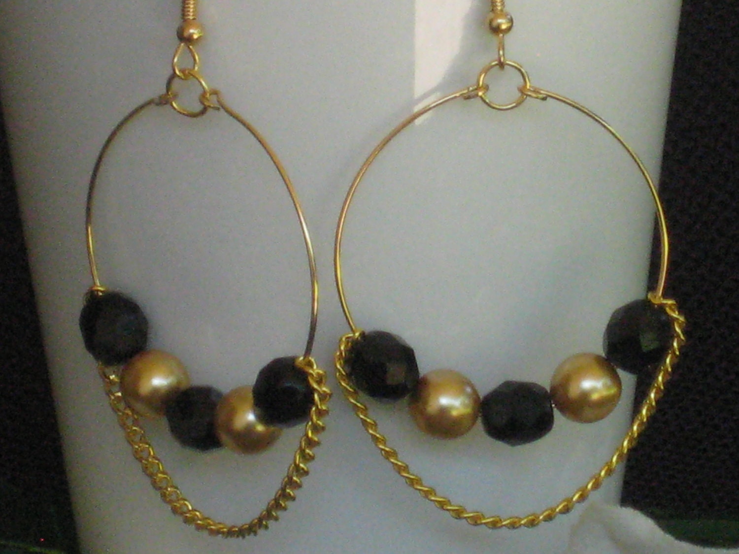 SALE: Black and Gold Beaded Chain Hoop Earrings