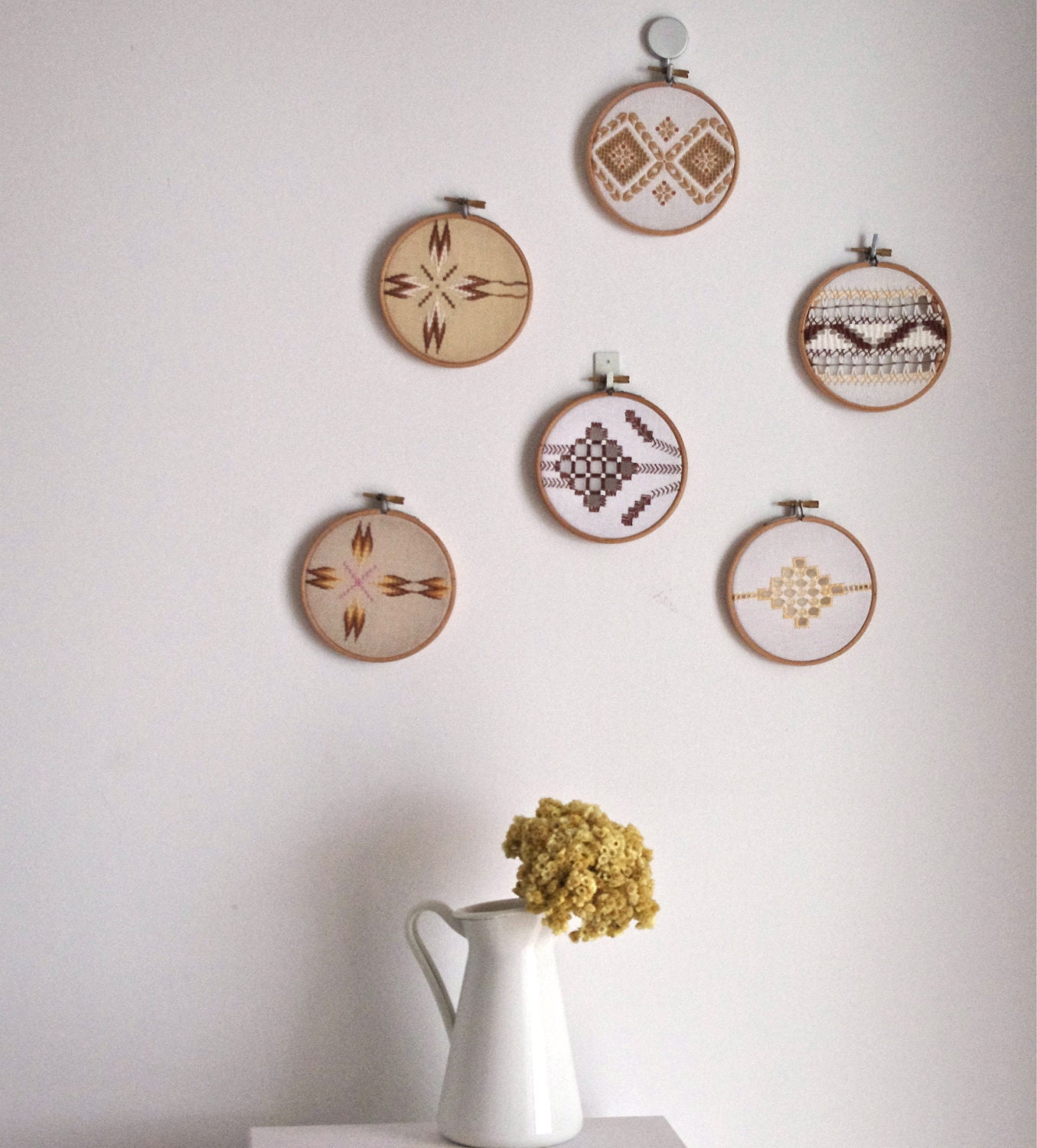 Mix & Match pair of vintage neutral embroidery wall art hoops
