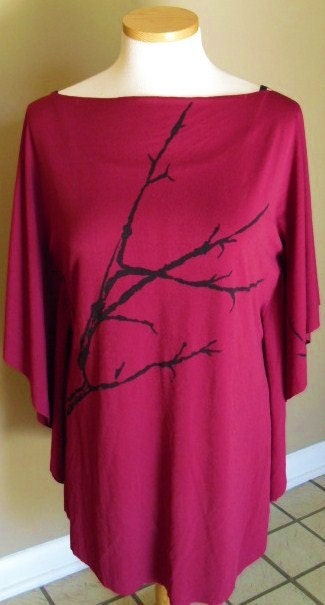 Fuchsia Lycra knit bat wing shirt with black screen printed branch