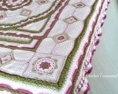 Amongst the Roses Bedspread or Throw / Queen - Full - Twin / new / handmade / afghan / rose / pink / green / floral / white / unique