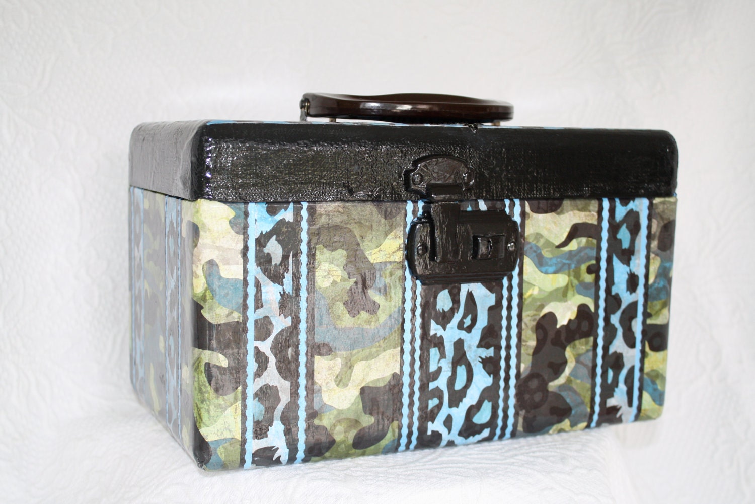 Vintage Upcycled  Carry on Case Train Case Make Up Case Blue Cheetah Unique Luggage by My Cozy Cottage Designs
