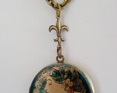 Locket Necklace ART NOUVEAU Teal Blue Mucha Brass Necklace