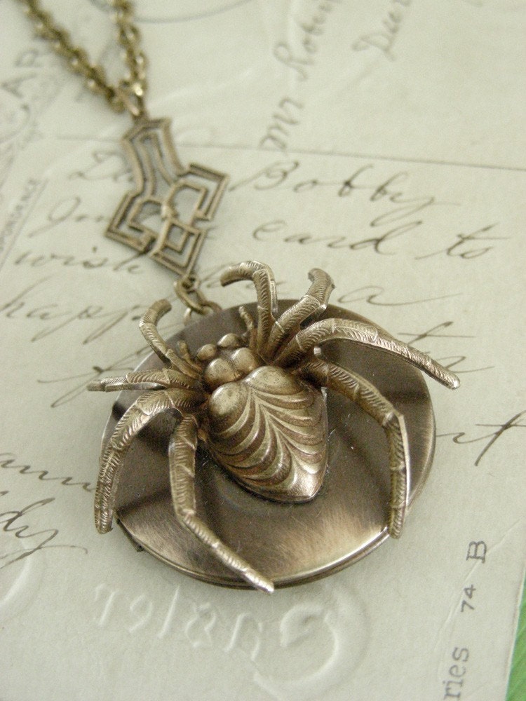Necklace Locket Art Deco Spider - Vintage Brass Large SPIDER - Handmade