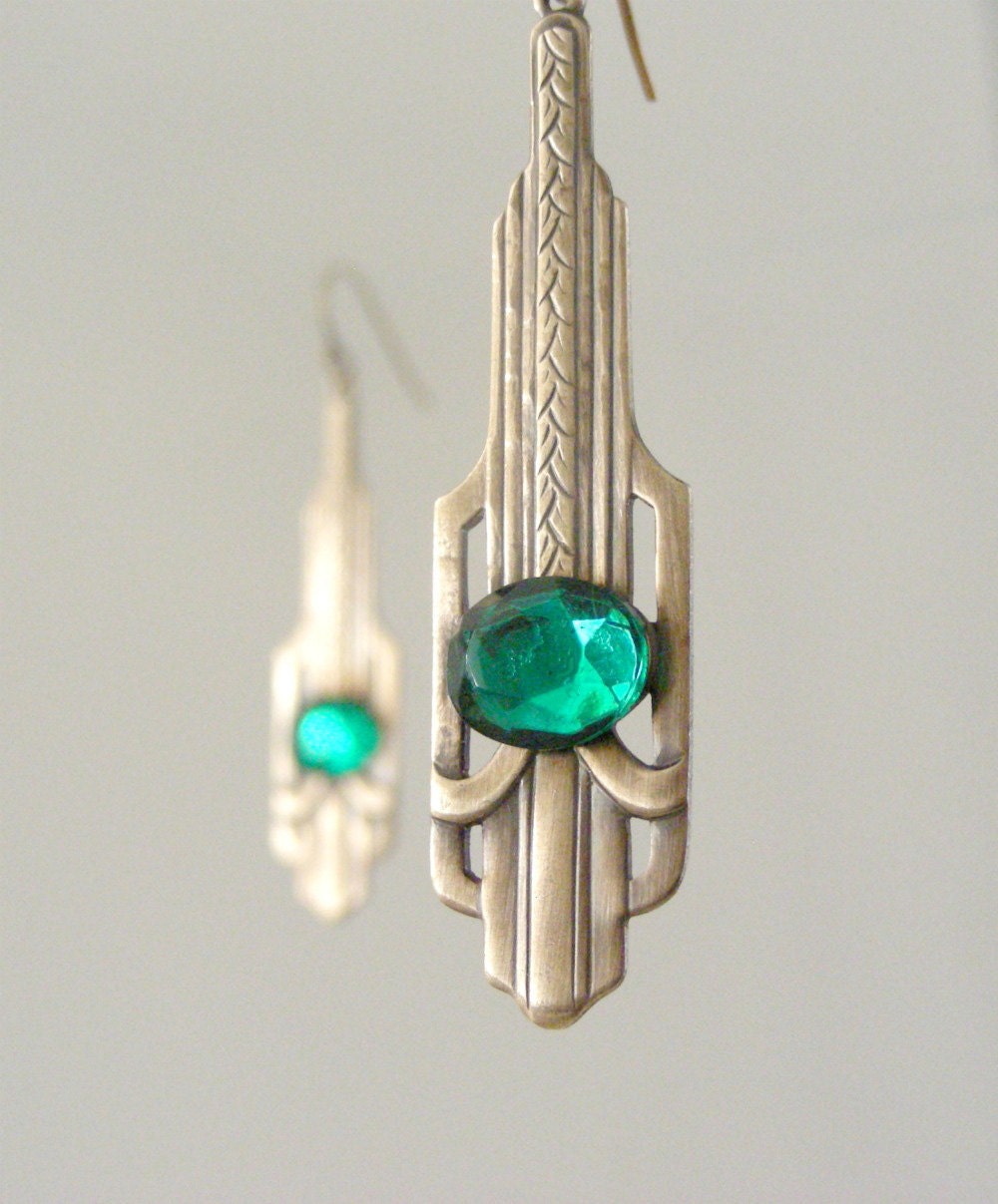 Art Deco Earrings -  Emerald Green Rhinestone and brass Vintage EARRINGS - Handmade