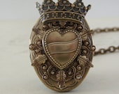 Locket Necklace - Steampunk Vintage Locket Heart and Crown Handmade Necklace - Queen of Hearts Going Gaga - Brass