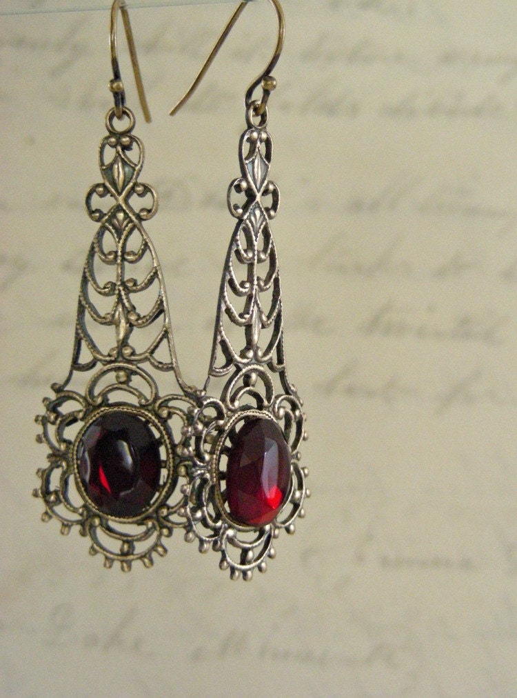 Art Nouveau Earrings - Ruby Red Vintage Glass - Handmade