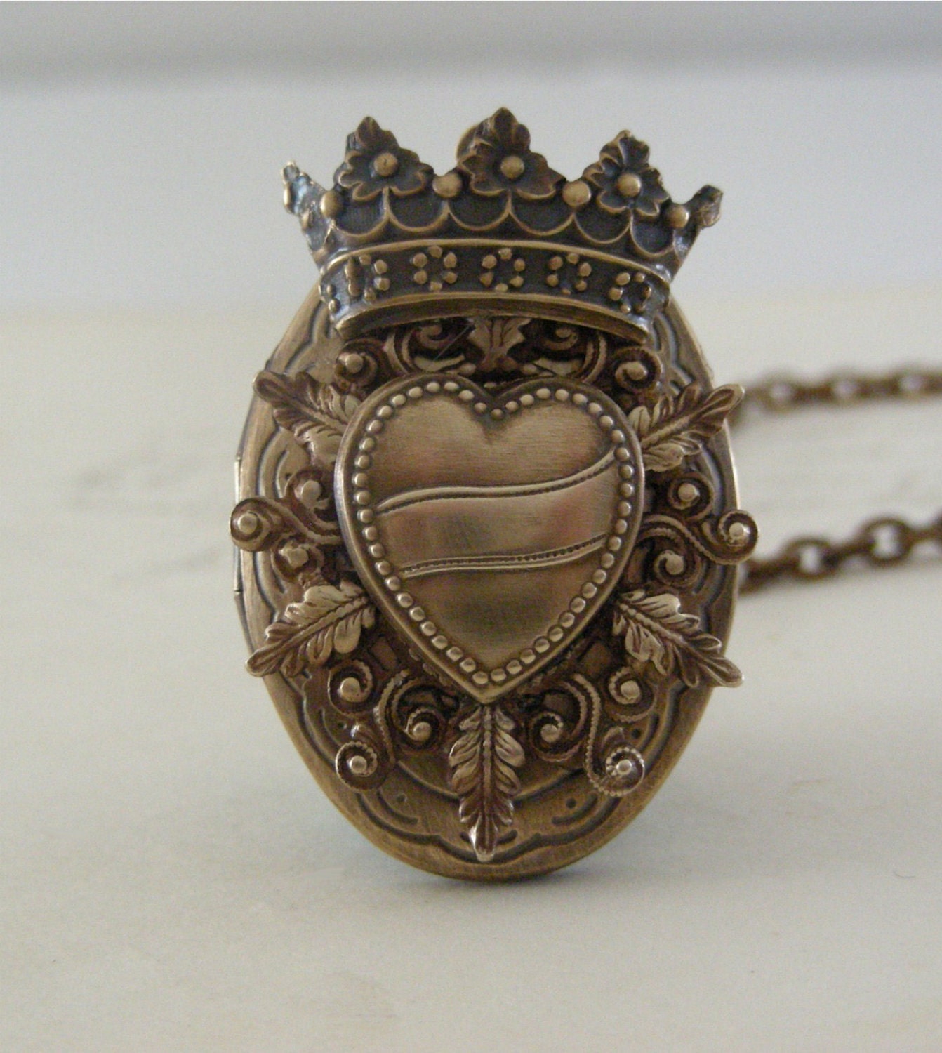 Locket Necklace - Steampunk Vintage Locket Heart and Crown Handmade Necklace - Queen of Hearts Going Gaga - Brass