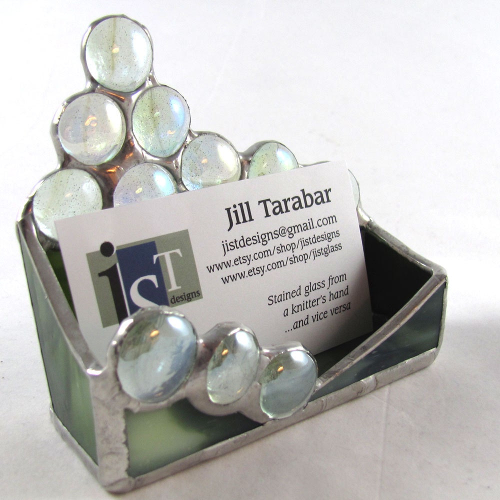 Hand Crafted Stained Glass Business Card Holder - Earthy Green and Pale Green Nuggets