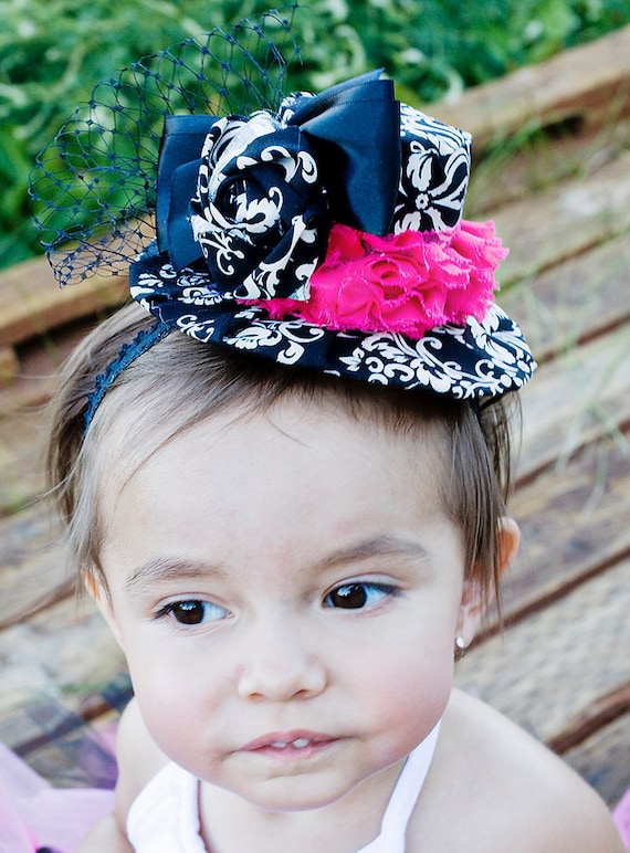 Mini Top Hats- Fabric Covered- Black and White Damask- Photo Prop, Costume, Parties