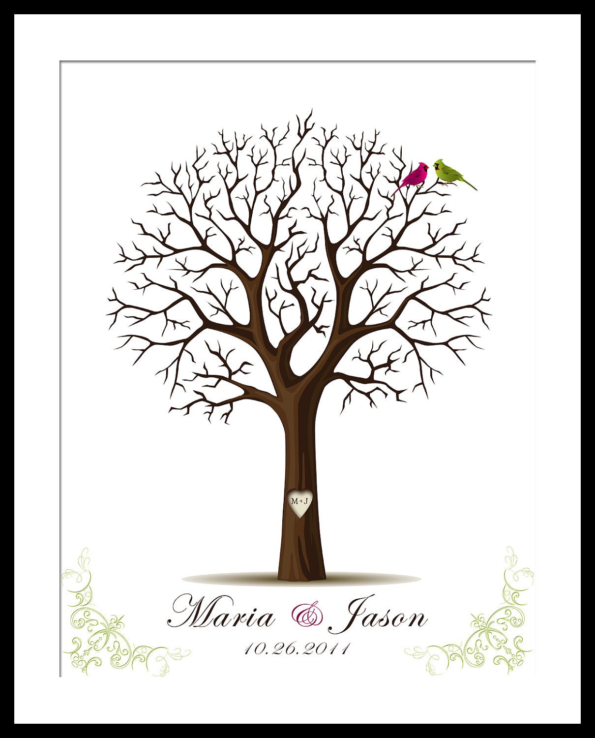 Wedding SignatureThumbprint Tree with Love birds Initials in Heart Print  Large up to 170 fingerprints. Choose font, colors  & BIRDS
